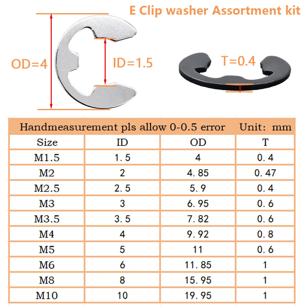 E-Clip washer Retaining Assortment Kit Carbon Steel Stainless steel Circlip Set Anti Walk WasherM1.5 M2 M3 M4 M5 M6 M7 M8 M9 M10