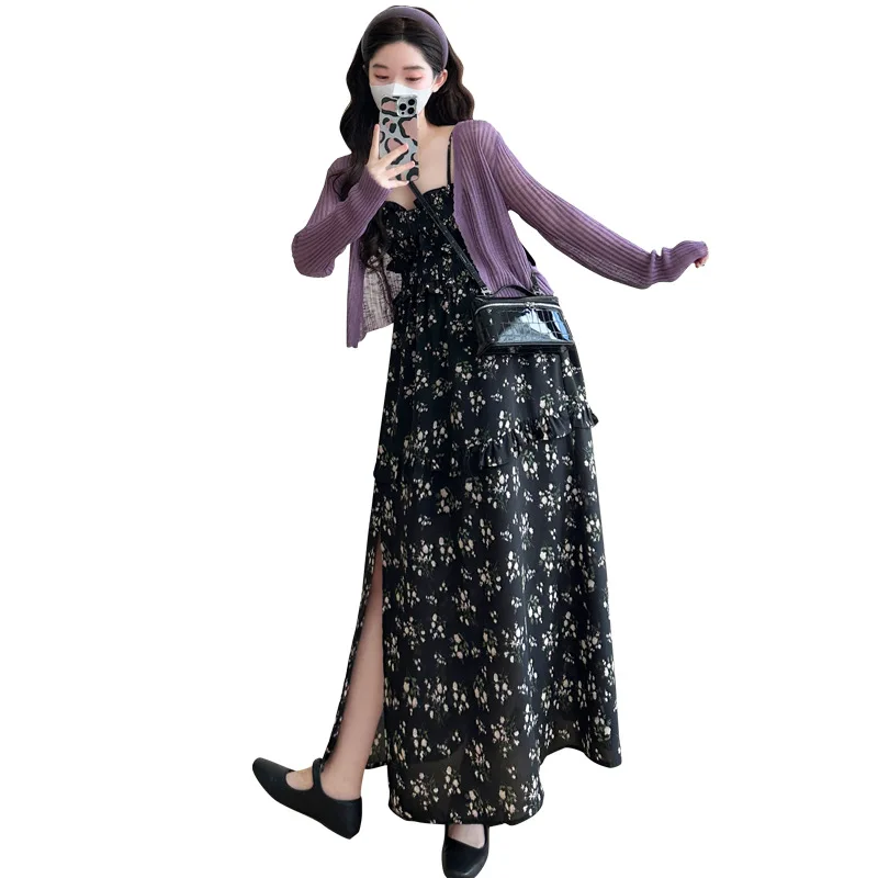 Ropa de verano para mujeres embarazadas con pequeños estampados florales, faldas con tirantes, camisas de manga larga, conjunto de dos piezas