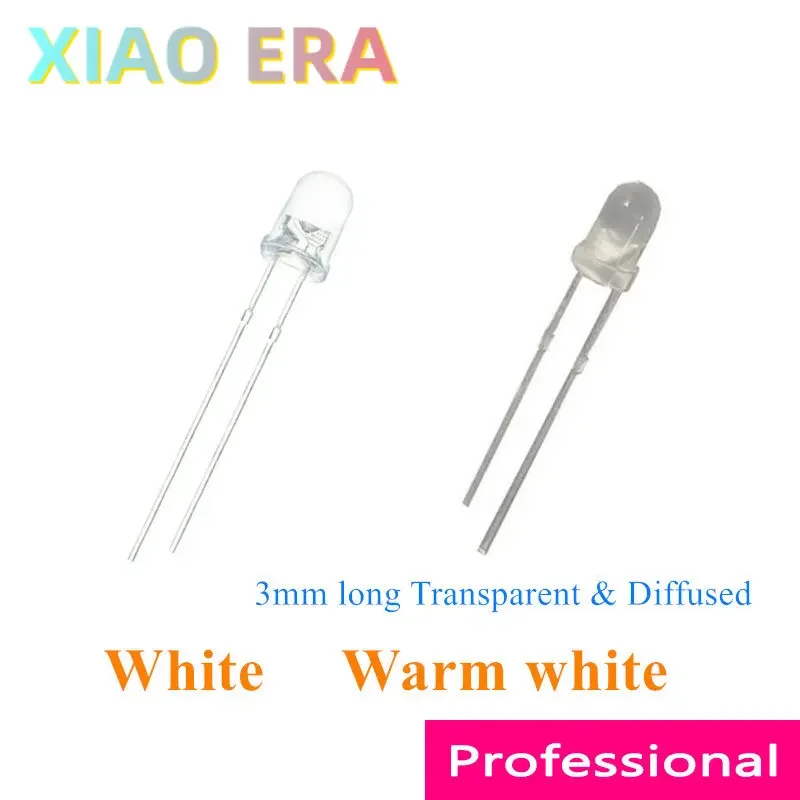 1000pcs 3mm Led White Warm white Transparent and Diffused F3 Long pins Foggy Round head Chinese Leds