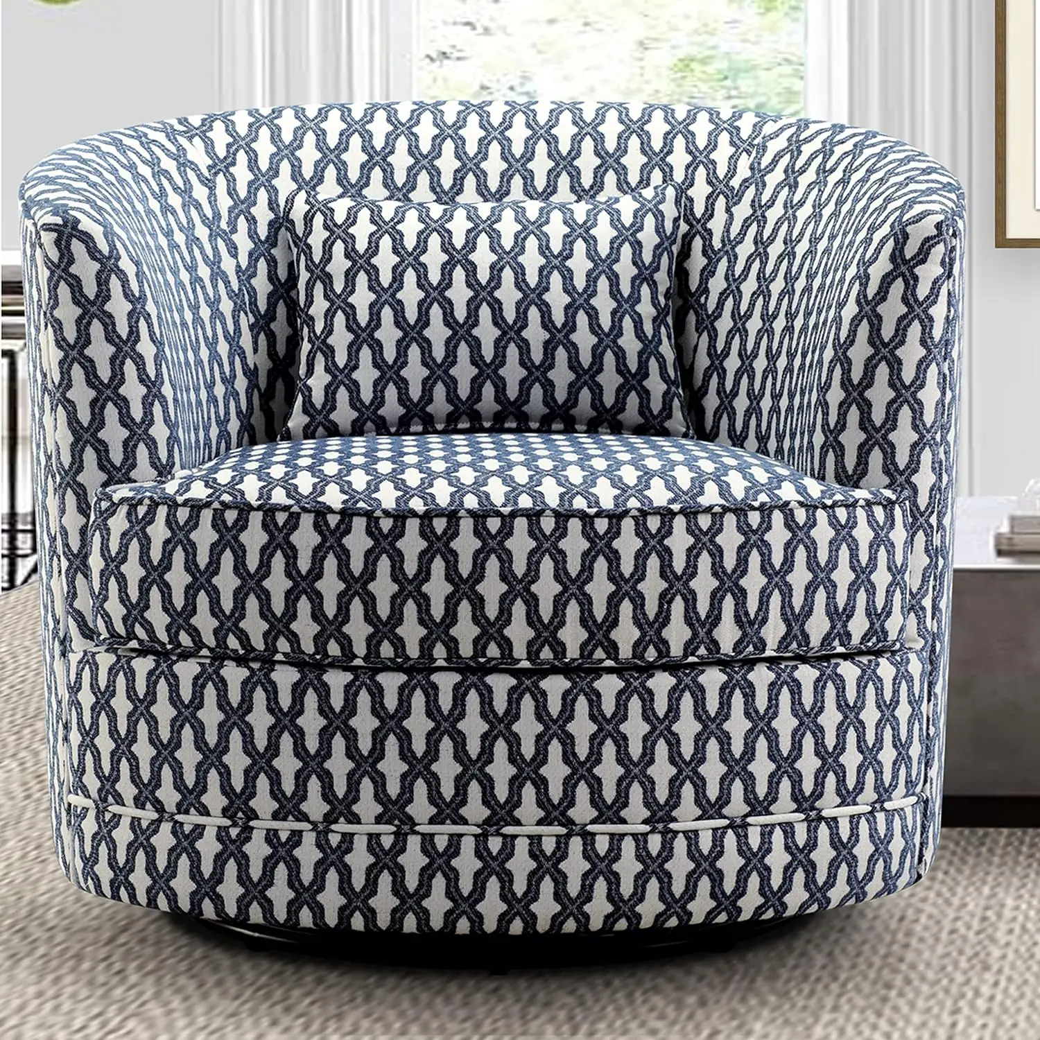 Living Room Swivel Barrel Chair Armrest Bedroom Accent Pillow Support Blue Wood Fabric Classic 360 Rotation Silent Assembly-Free