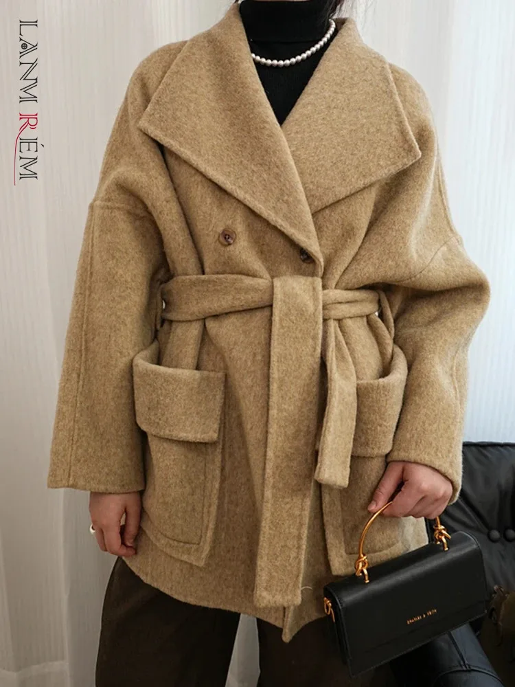 [LANMREM] Thick Warm Wool Coats For Women Lapel Double Breasted Office Lady Female Outwear Fashion 2024 Winter New 26C1233