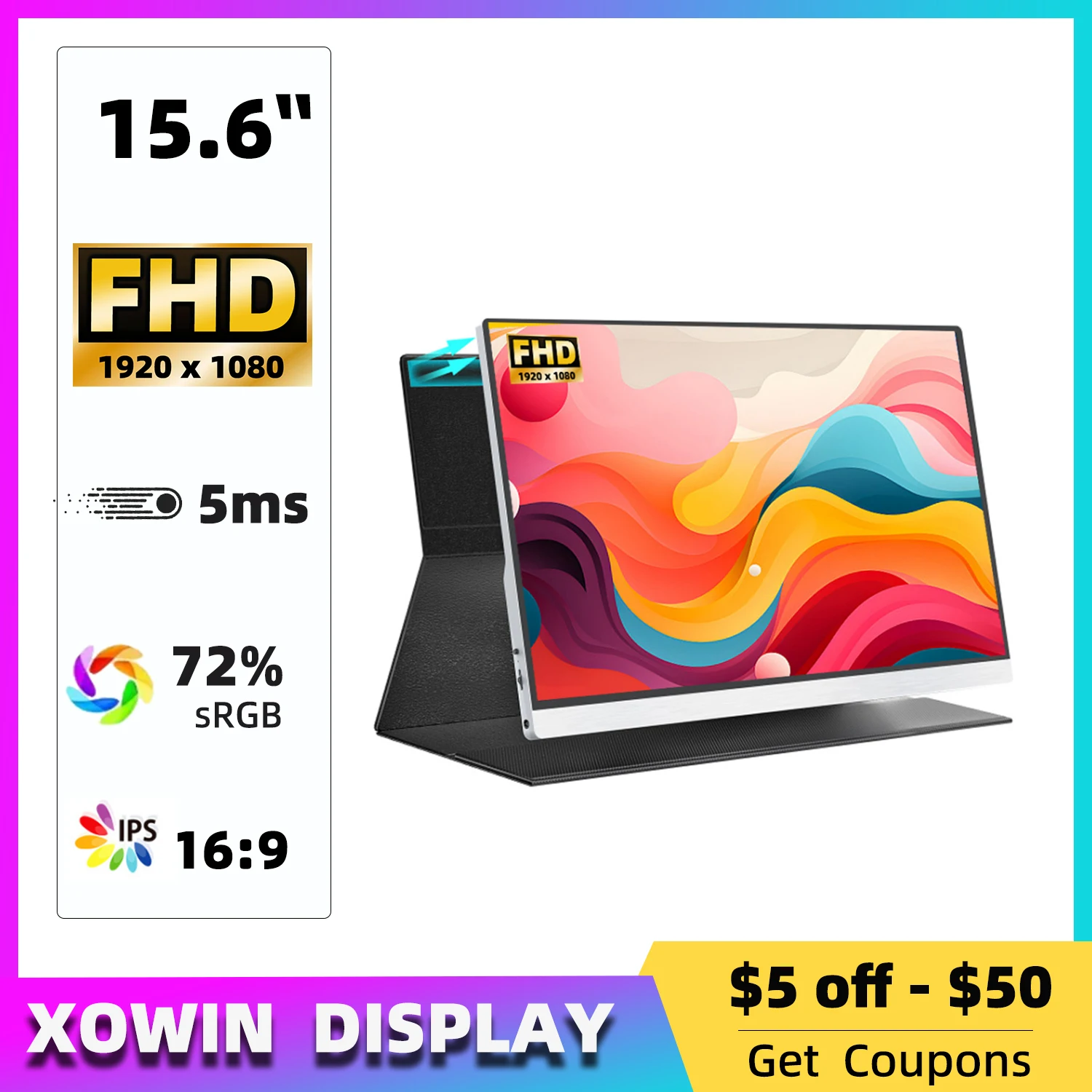 

Портативный монитор FHD 15,6 дюйма, 1920x1080, USB Type C, HDMI, для офиса и путешествий, внешний экран для PS5/4,Switch,Xbox, телефона, ноутбука