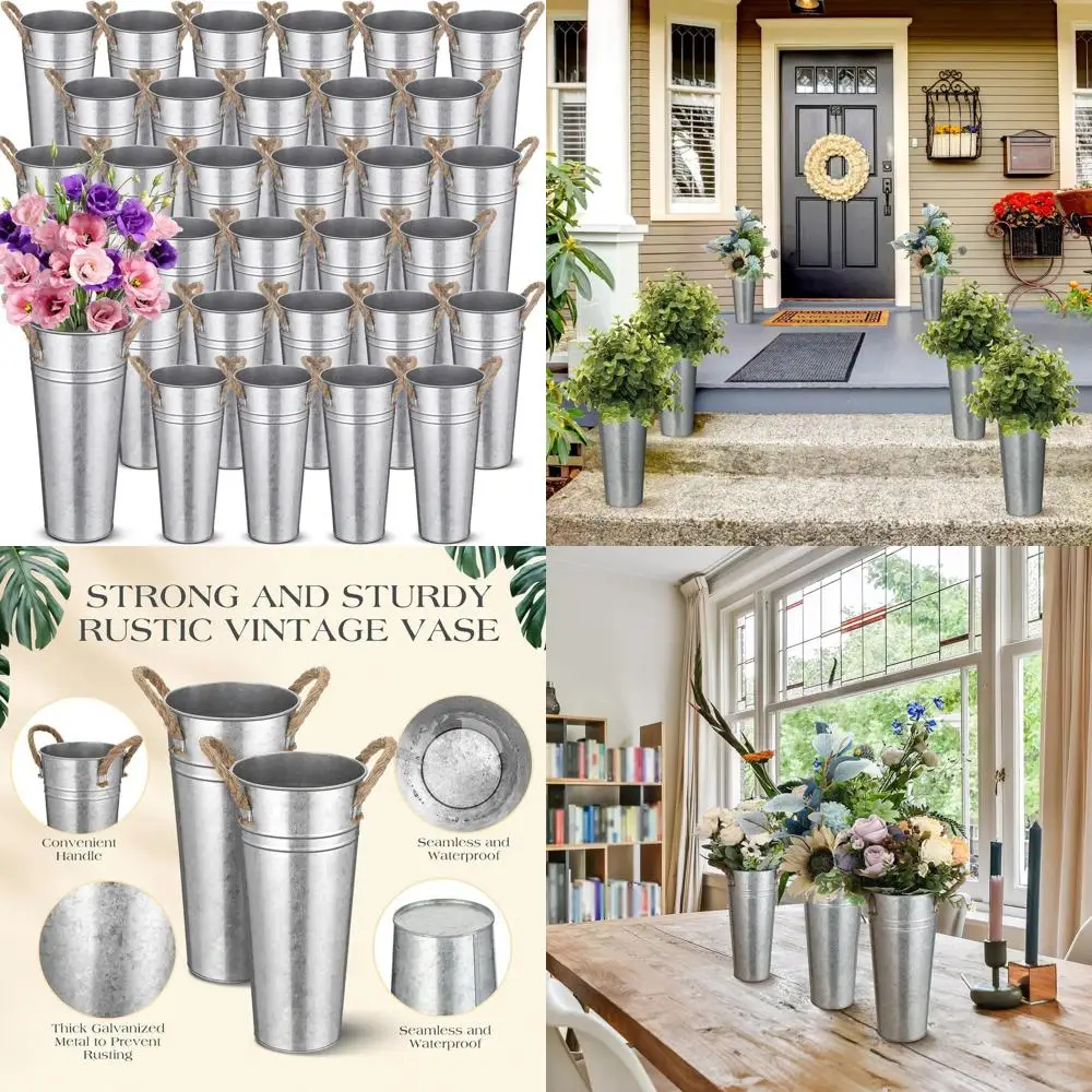 

Bulk Galvanized Metal Flower Buckets, 9 Inch Tall with Handles, Rustic Vintage Style for Weddings, Party Decor, DIY Crafts