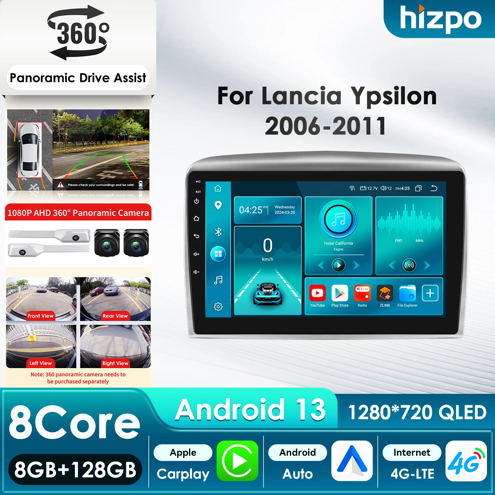 Hizpo Android 14 Car Radio For LANCIA YPSILON 2006 - 2011 GPS Navigation Car Auto Stereo Multimedia Player Carplay AI WIFI Audio