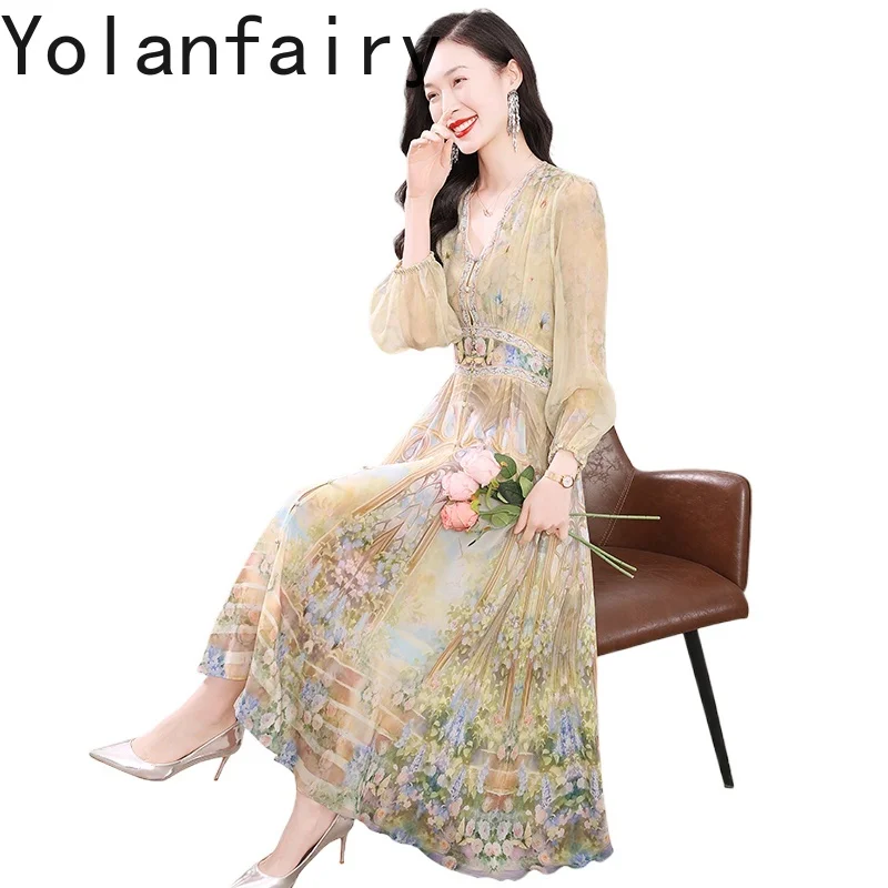 

YOLANFAIRY Early Autumn 100% Real Mulberry Silk Woman Dresses 2025 High-end Long Sleeve Floral Dress Birthday Luxury Dresses
