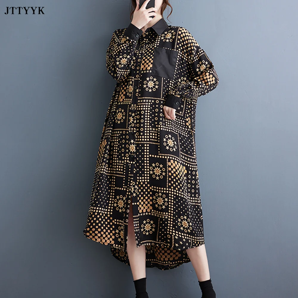 

Korean Loose Long Sleeve Printing Dresses Women Spring Autumn Fashion Streetwear Vintage Turn-down Collar Shirt Dress Large Size