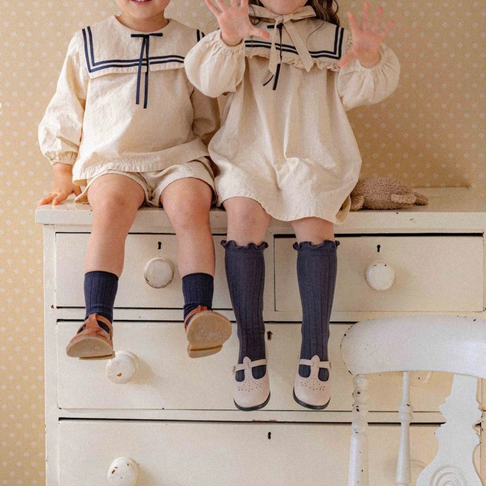 

2026 Summer New Children Long Sleeve Clothes Set Boys Girls Bow Sailor Collar Shirts + Shorts 2pcs Suit Kids Cotton Outfits