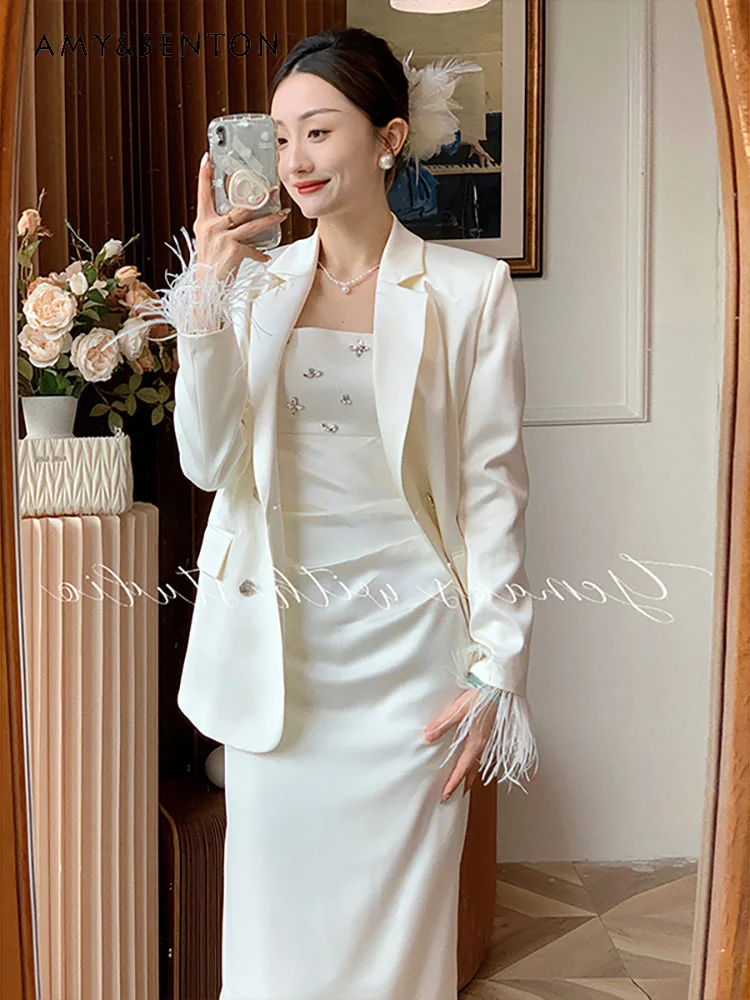 

High-End White Business Suit Women Spring Autumn High-Grade Heavy Industry Rhinestone White Suspender Skirt Coat Two-Piece Set