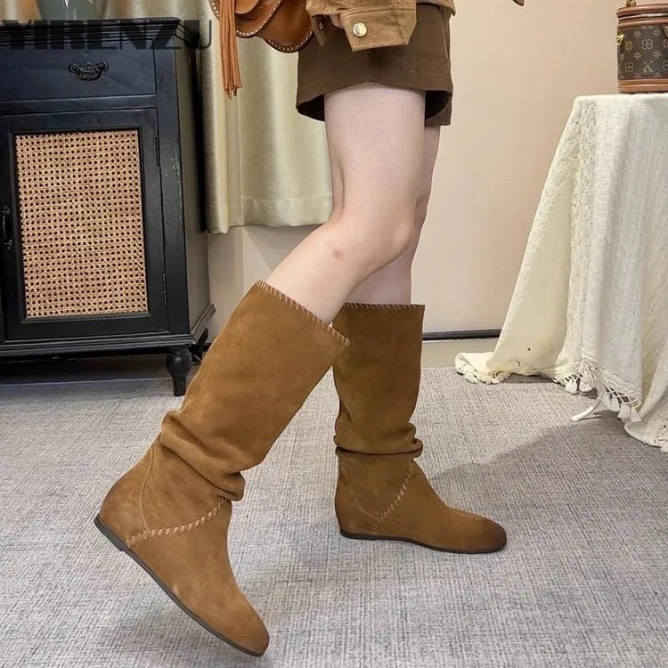 

Женские осенние сапоги до колена из натуральной замши на танкетке 5 см с круглым носком, повседневные женские высокие сапоги высокого качества, обувь, хит продаж