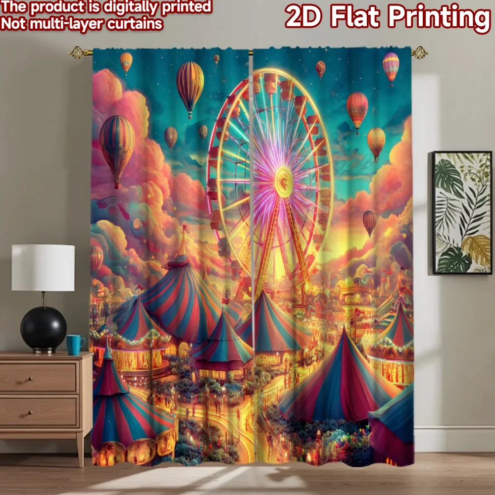 

2D flat printing 2pcs Party Curtain Carnival Festival Ferris Wheel Hot Air Balloons Digital Printed Polyester Drapes Festive