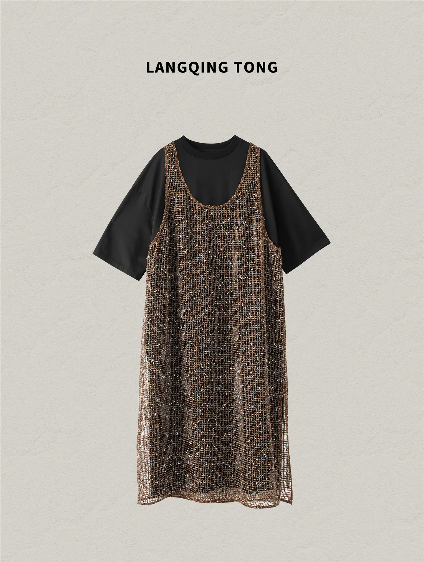 

Black T-shirt Dress Women's Summer New Style Bebe Loose Midi Skirt Elegant Fashionable Casual Polyester Fiber Short Sleeve