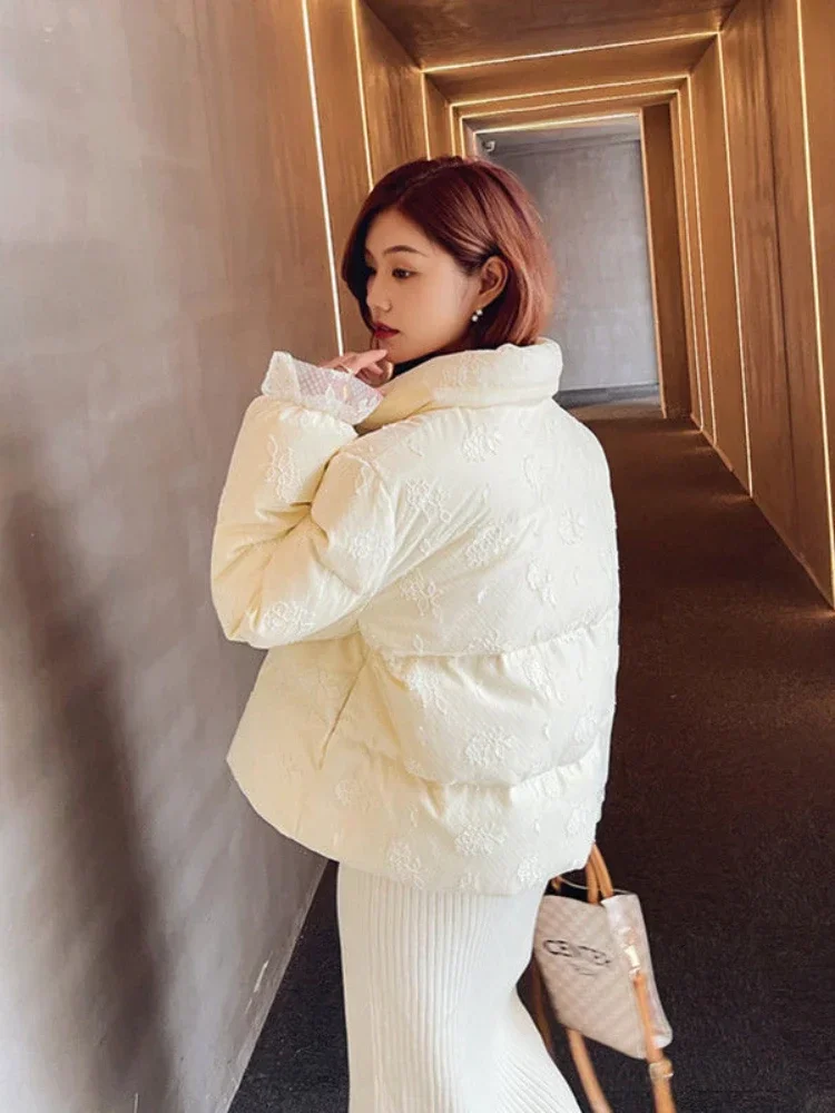 2024 Anti-season Lace Elegant Loose Down Jacket Female White Korean Version Short Thick Coat Парка Женская Зимняя