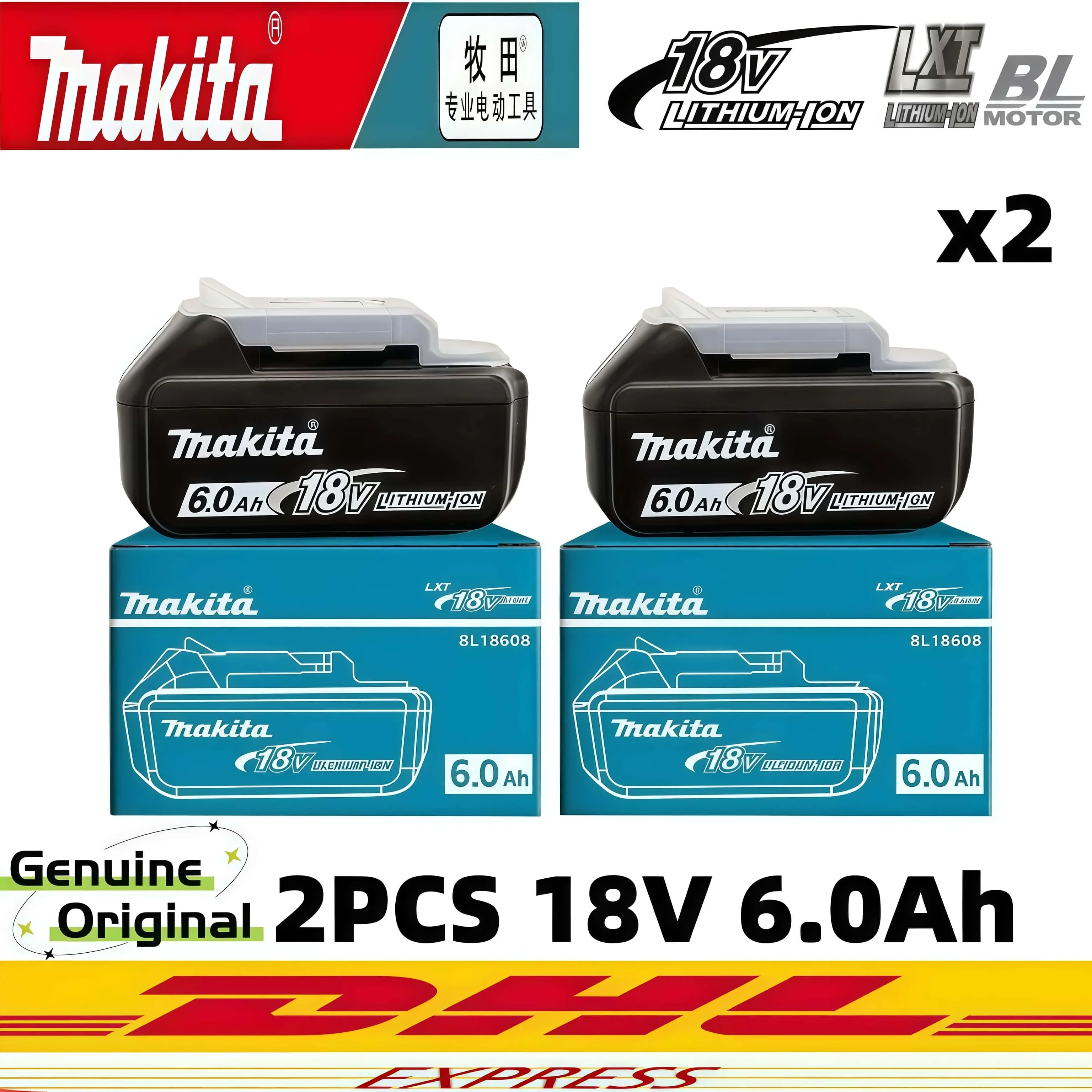 Original Makita 18V Battery 6.0Ah Rechargeable Lithium Rib Battery, Replace Makita L1840B L1850B L1860B Power Tool Battery~