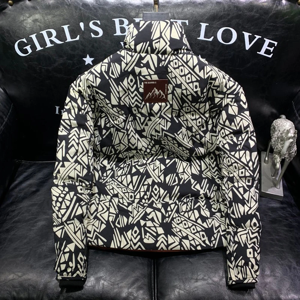 

Autumn And Winter Mens Fashion Trend Full Print Graffiti High-End Jacket New Loose Stand Collar Casual Warm Coat Mens Clothing