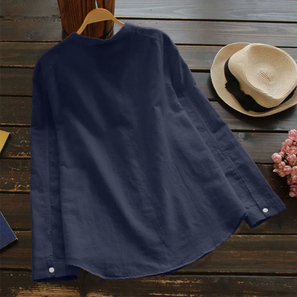 

Women's Cotton Linen Long Sve Casual irt Street Sle Pure Color Loose Fit irt Button Plaet Mid-Length irt