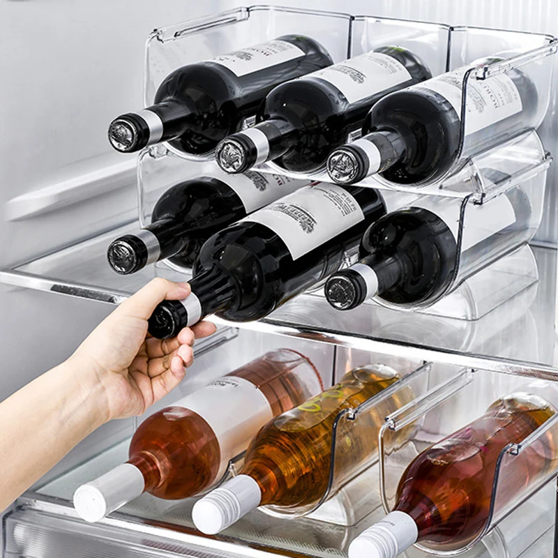 منظم رف زجاجات النبيذ البلاستيكي الشفاف القابل للتكديس يحمل 3 زجاجات في كل طبقة مثالي لعرض المنزل وثلاجة مخزن المطبخ