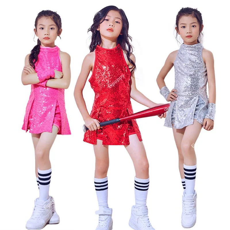 Girls Sequins Cheerleading Dress with Socks Jazz Modern Street Dance Hip-Hop Performances Costumes