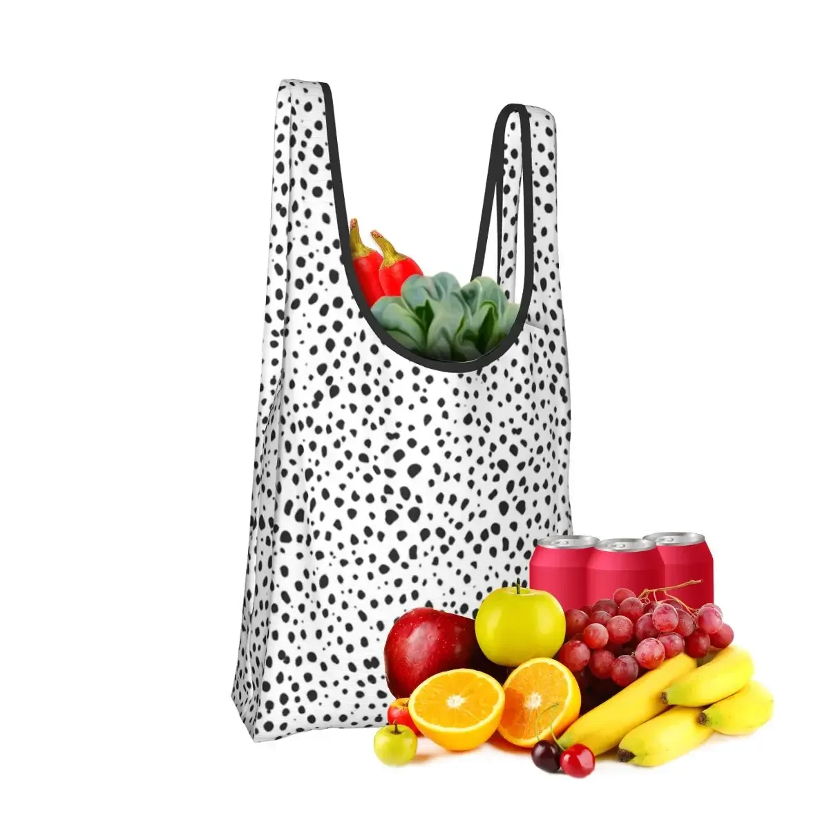 Dalmatian Spots Black And White Polka Dots Shopping Bag Portable Tote Bags Foldable Shoulder Shopper Bag Grocery Handbag