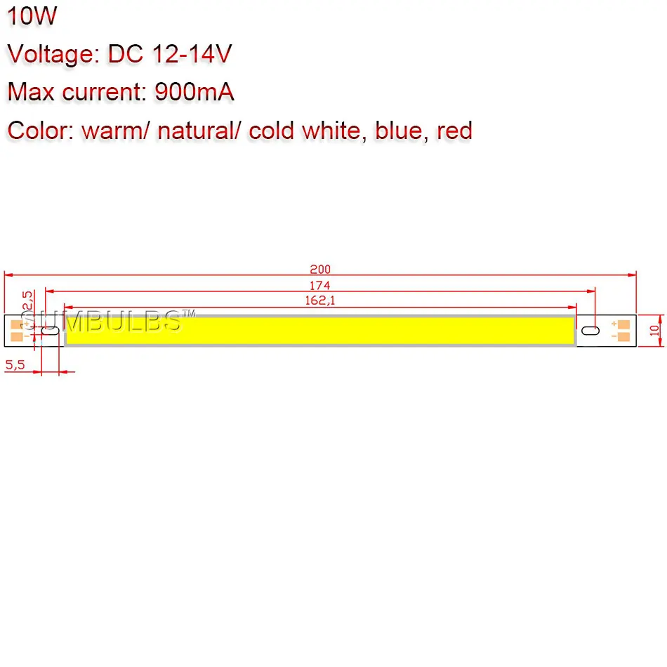 200x10mm emissione di luce Diod DC12-14V 10W 1000LM COB LED Strip Light verde giallo rosso blu bianco caldo bianco puro COB Strip Lamp