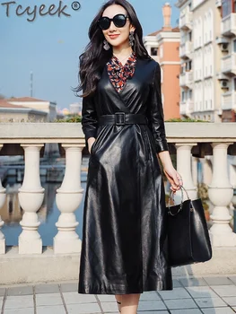 Tcyeek-Veste en cuir véritable pour femme avec ceinture, manteau en peau de mouton naturelle, vestes mi-longues élégantes, vêtements d'automne et d'hiver