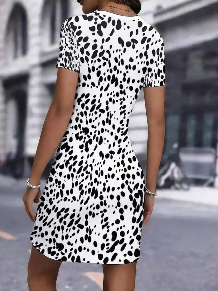 

Women Short Sleeve Bodycon Dress With Leopard Print Round Neck Summer Casual Dress