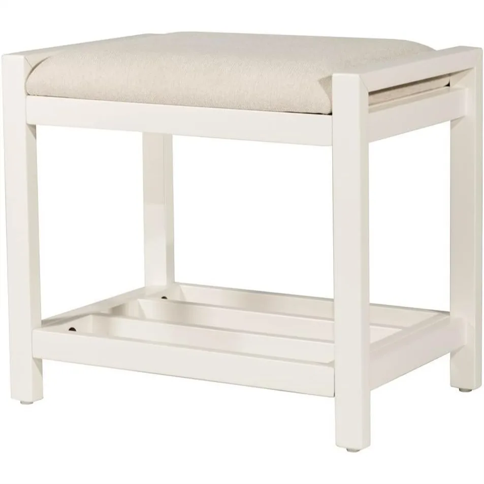 

White Vanity Stool with Shelf Storage, Solid Wood Frame, 18.5H
