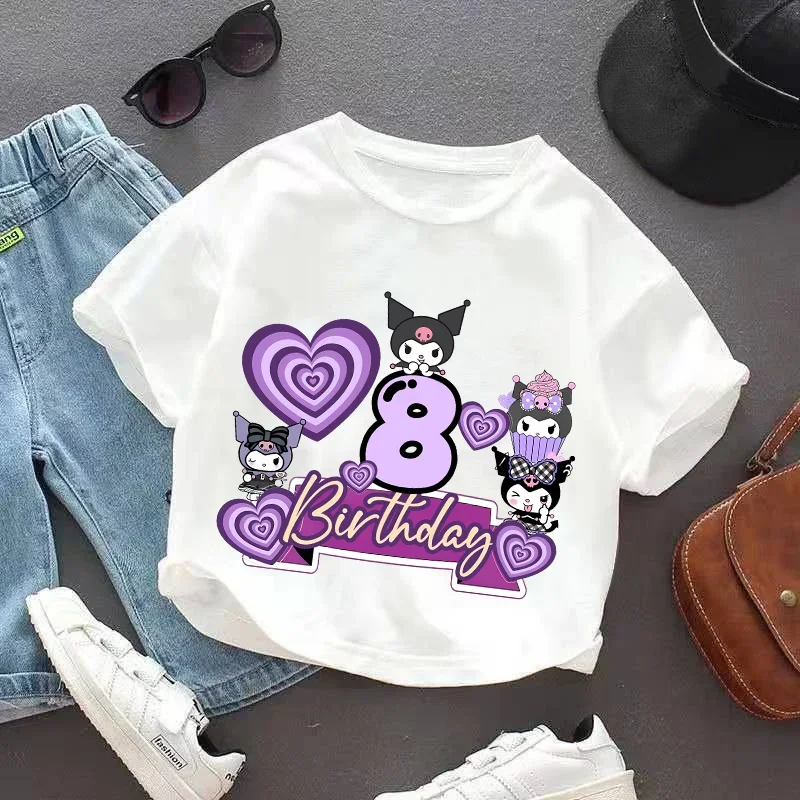 Cute Kuromi T-shirts Girl Clothes Kid Number 1-9 Kawaii Top Birthday Party Sanrios Child Clothing Summer Vogue Short Sleeve Gift
