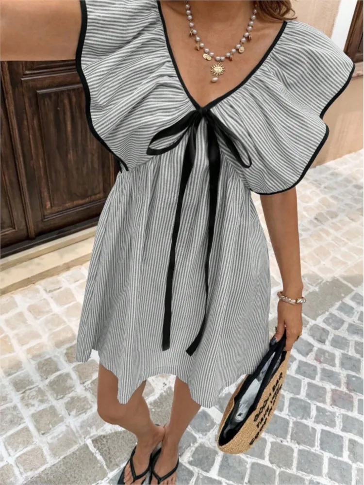 

2025 Summer Dresses For Ladies Party Dress For Woman Bowknot Vestido Sweet Striped Contrast V-link Playful Holiday Vacation Silm