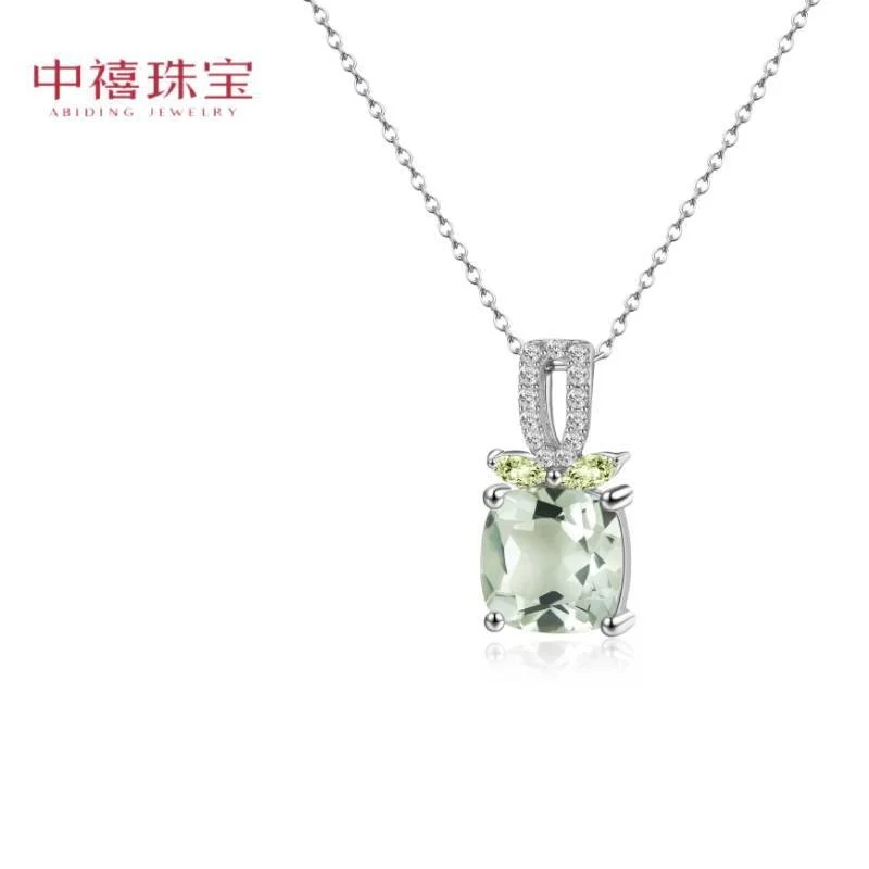 Luxury brand genuine real jewels Simple versatile natural green amethyst tea necklace 925 sterling silver large carat crystal pe