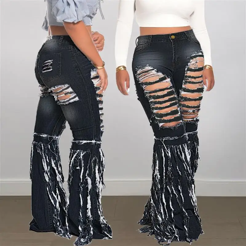 Celana Jeans Wanita PT7063 Model Bell Bot Pinggang Tinggi dengan Lubang dan Rumbai, Gaya Fashion Cross-Border, Pakaian Wanita