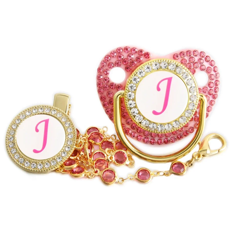 26 Initial Letters Pink Baby Pacifier With Diamond Chain Clip