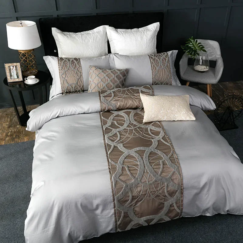 Grey white Bed Sheet Pillowcase Duvet cover set Luxury 60S Egyptian cotton queen king double size Bedding set Bed linen