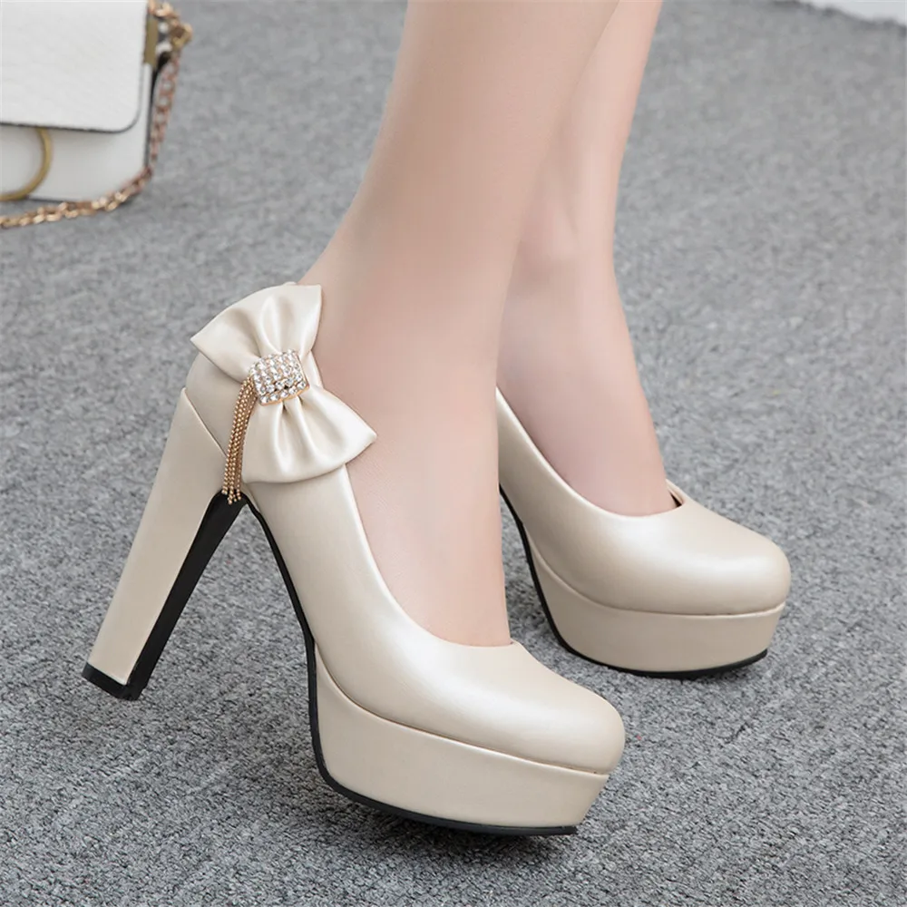 Spring Woman Pumps White Pink Wedding Dance Party Dress Platform Ladies High Heels Bow Crystal Tassel Shoes Blue Beige 34-43