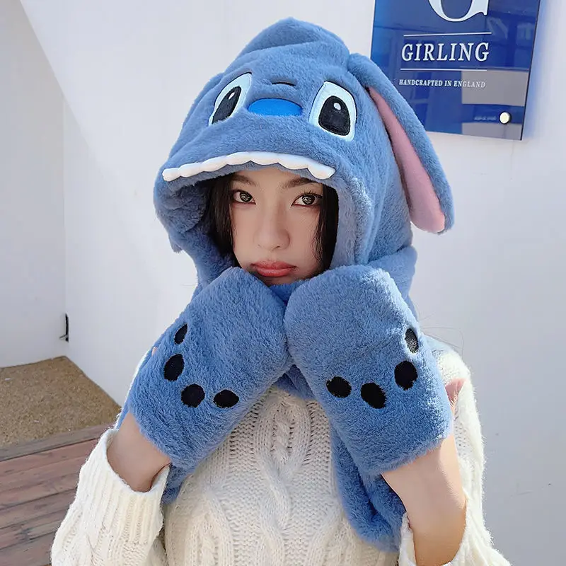 Zimowe czapki damskie, szaliki i rękawiczki Gruby ciepły zestaw Disney Stitch Fluffy Plush Keep Warm do ochrony uszu Czapki nakrycia głowy