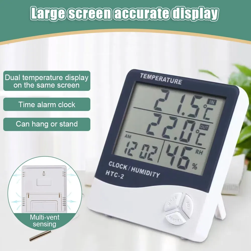 Oauee LCD Electronic Digital Temperature Humidity Meter Indoor Outdoor Thermometer Hygrometer Weather Station Clock HTC-1 HTC-2