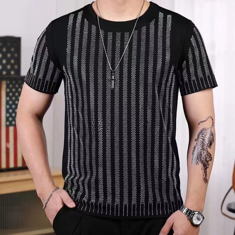 Short Sleeve T-shirt Men\'s Summer Full Diamond Round Neck Large Black Clothes Loose 2024 New Trend Fashion Handsome Especially