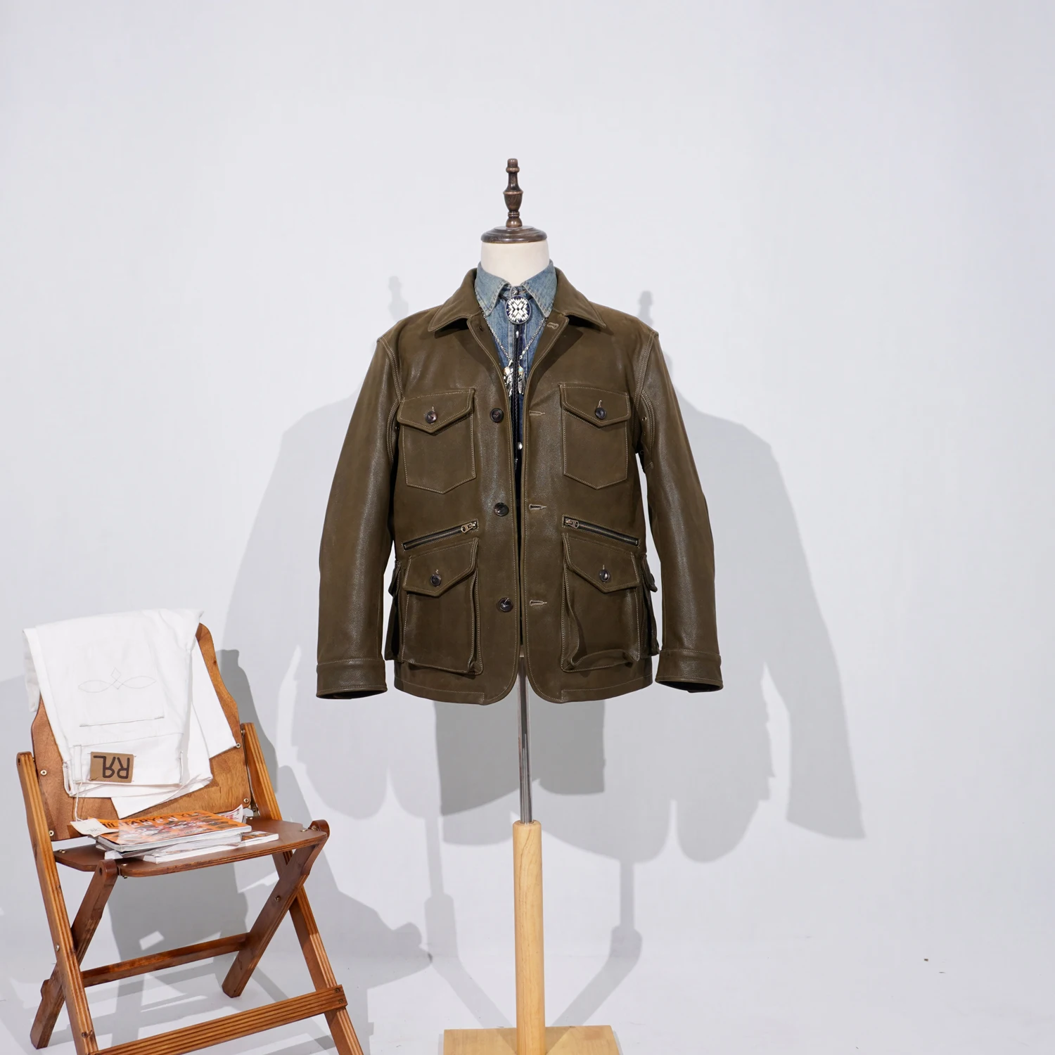 

Tailor Brando American Vintage Western Style Full-Grain Cowhide Four-Pocket Men's Genuine Leather Safari Jacket