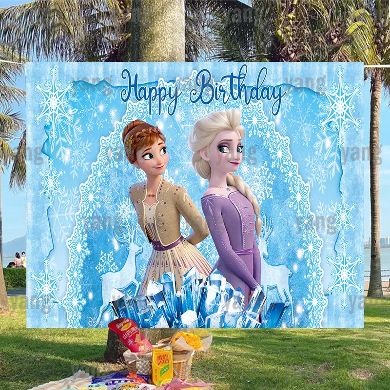 Disney Frozen Anna Elsa Princess Snowflake Cartoon Photographic Backdrops Background Birthday Party Decoration Custom Banner