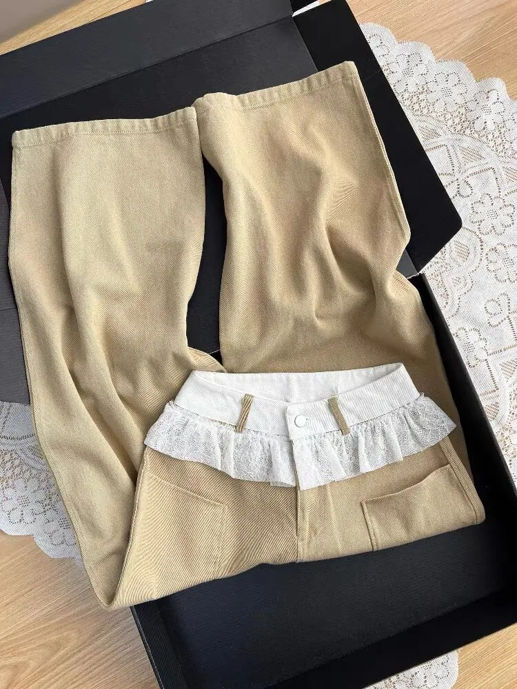 

Lace Splicing Waist Khaki Straight Jeans for Women 2026 Spring New Loose Wide Leg Pants Fashion Versatile Denim Trousers