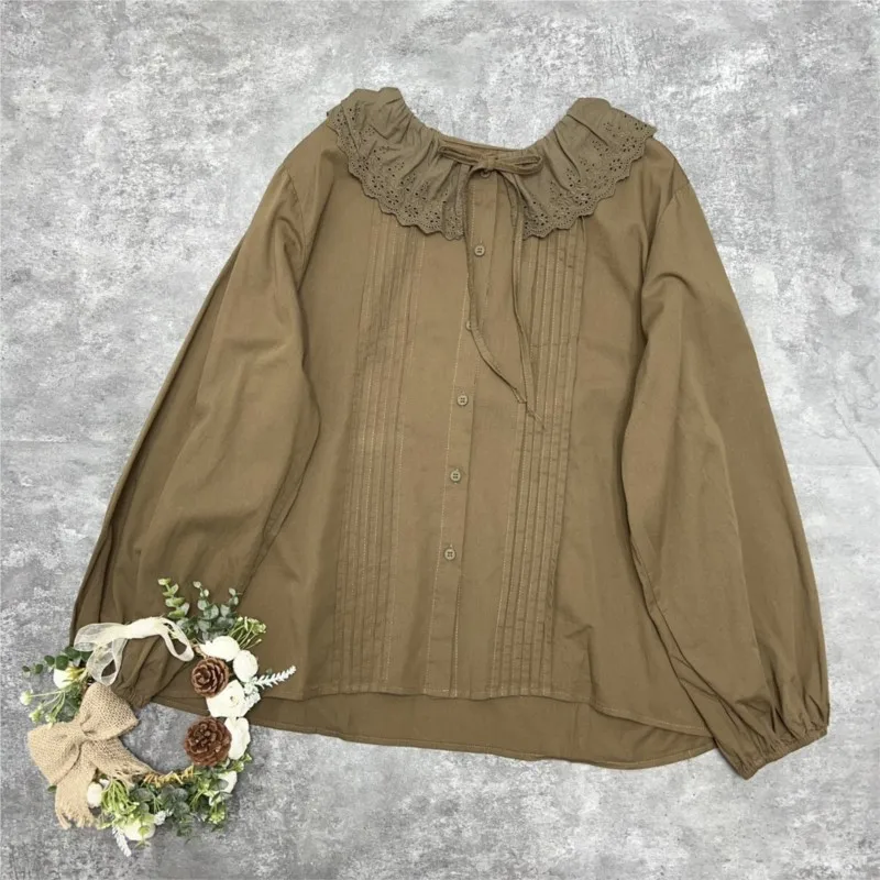 Johnature-camisa plisada japonesa con cordones para mujer, Tops de lino con cuello con volantes, informales, Vintage, Primavera, 2024