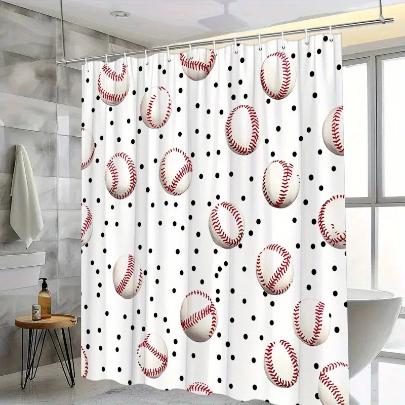 

Занавеска для душа с бейсбольным узором — красные швы и черные точки, тканый полиэстер, 12 крючков, 70,8x70,8 дюймов, моющаяся