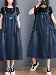 Fashionable Denim Halter Dress Women's Summer New Loose plus Size Meat Covering Midi Skirt A-Line Skirt Pocket Detail