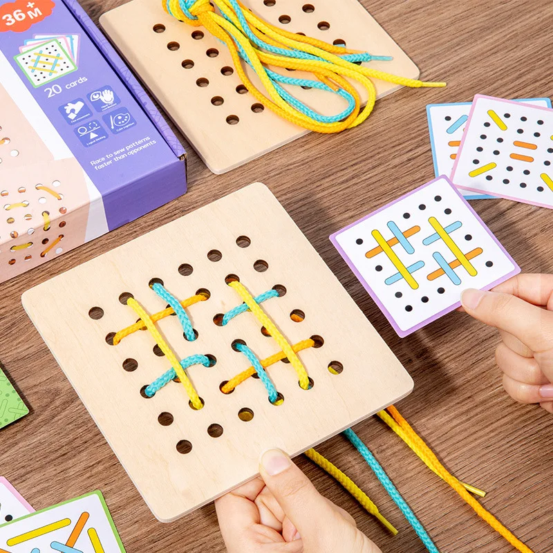 Kids Montessori Wooden Toys Rope Board Fine Motor Skill TrainingPuzzle Logical Thinking Social Games Early Education Aid For Kid