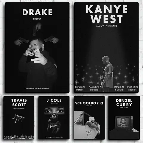 Pop Hip Hop Rapper Kanye West Drake JCole Posters Room Decor Black White Aesthetic Art Canvas Wall Painting