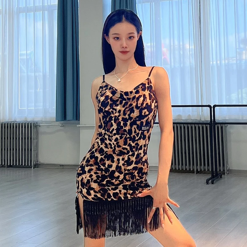 

Women Latin Dance Leopard Dress Sexy Practice Clothing Adult Latin Rumba Salsa Dance Performance Costume Fringe Dress DNV21103