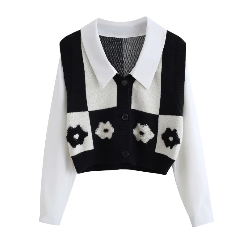 Women Spring Autumn Chic Floral Patchwork Sweater Shirt Tank Dress Set Korean Lady Graceful Knit Tops Sleeveless Dress Outfits