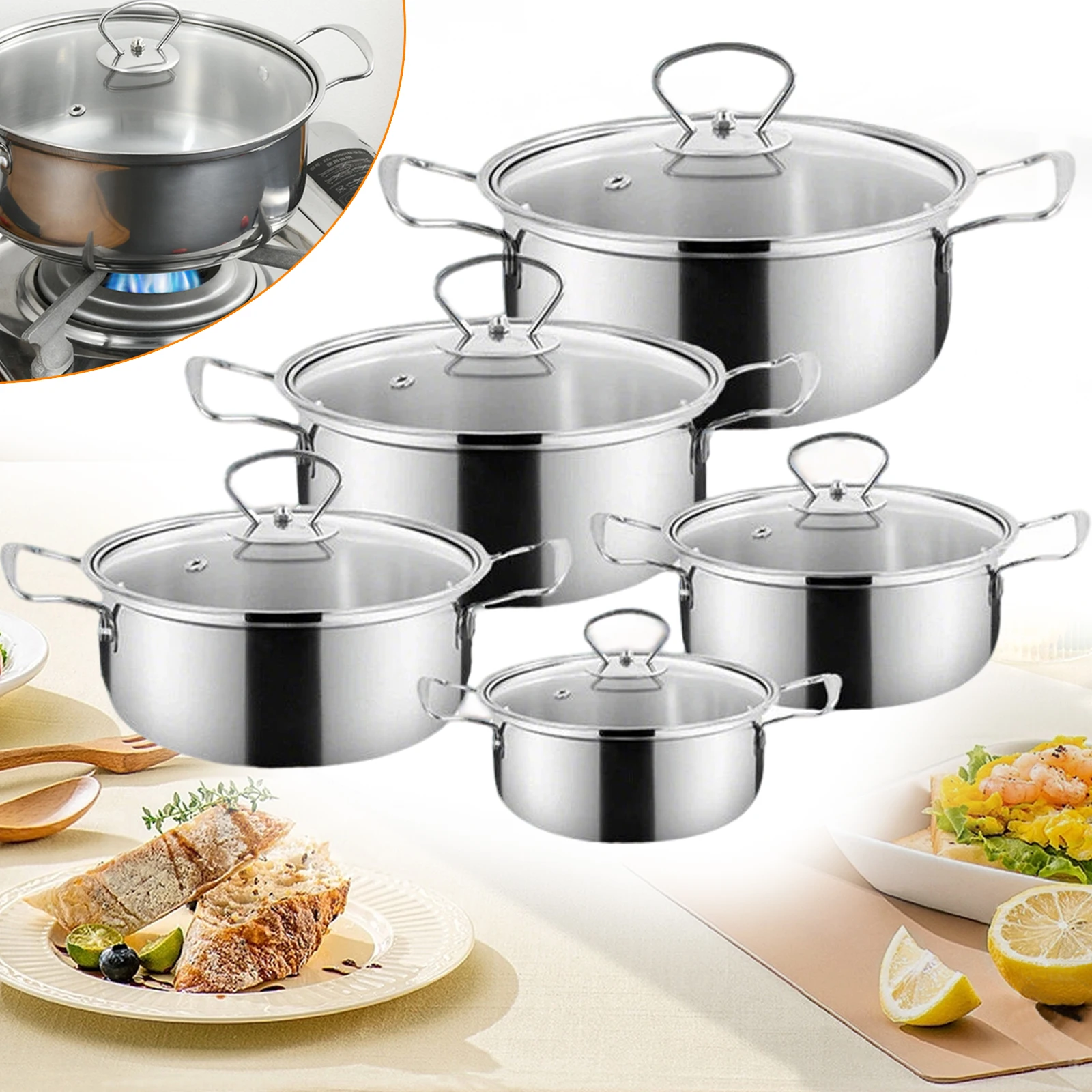 Juego de Ollas y Sartenes de Acero Inoxidable, 5 Piezas, Aptas para Inducción, con Tapas de Vidrio para la Mayoría de los Tipos de Cocinas