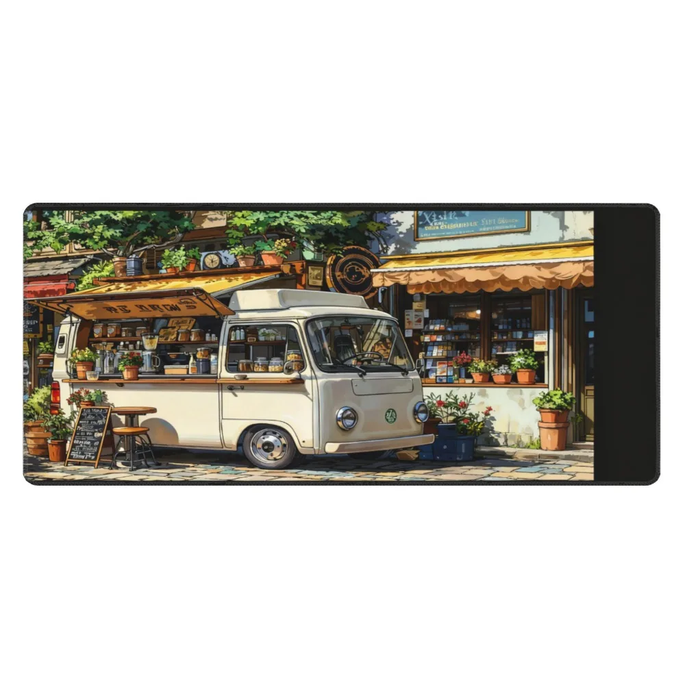 

Винтажный коврик для стола с изображением уличной сцены с кофейным фургоном - большой коврик для мыши в стиле ретро европейского города, нескользящий, водонепроницаемый