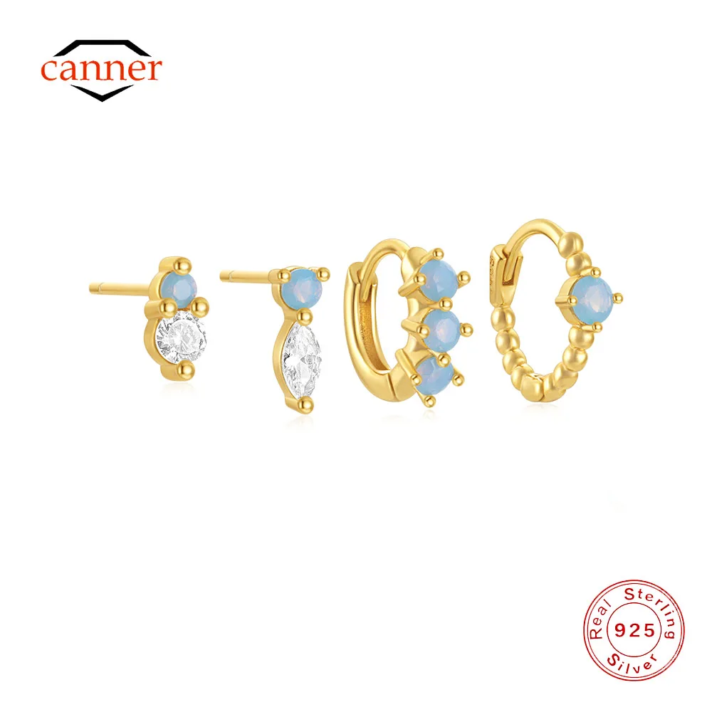 CANNER 1 Zestaw niebieskich opalowych kolczyków z cyrkoniami dla kobiet 925 Sterling Silver Minimalism Ins Hoop Earrings Fine Jewelry