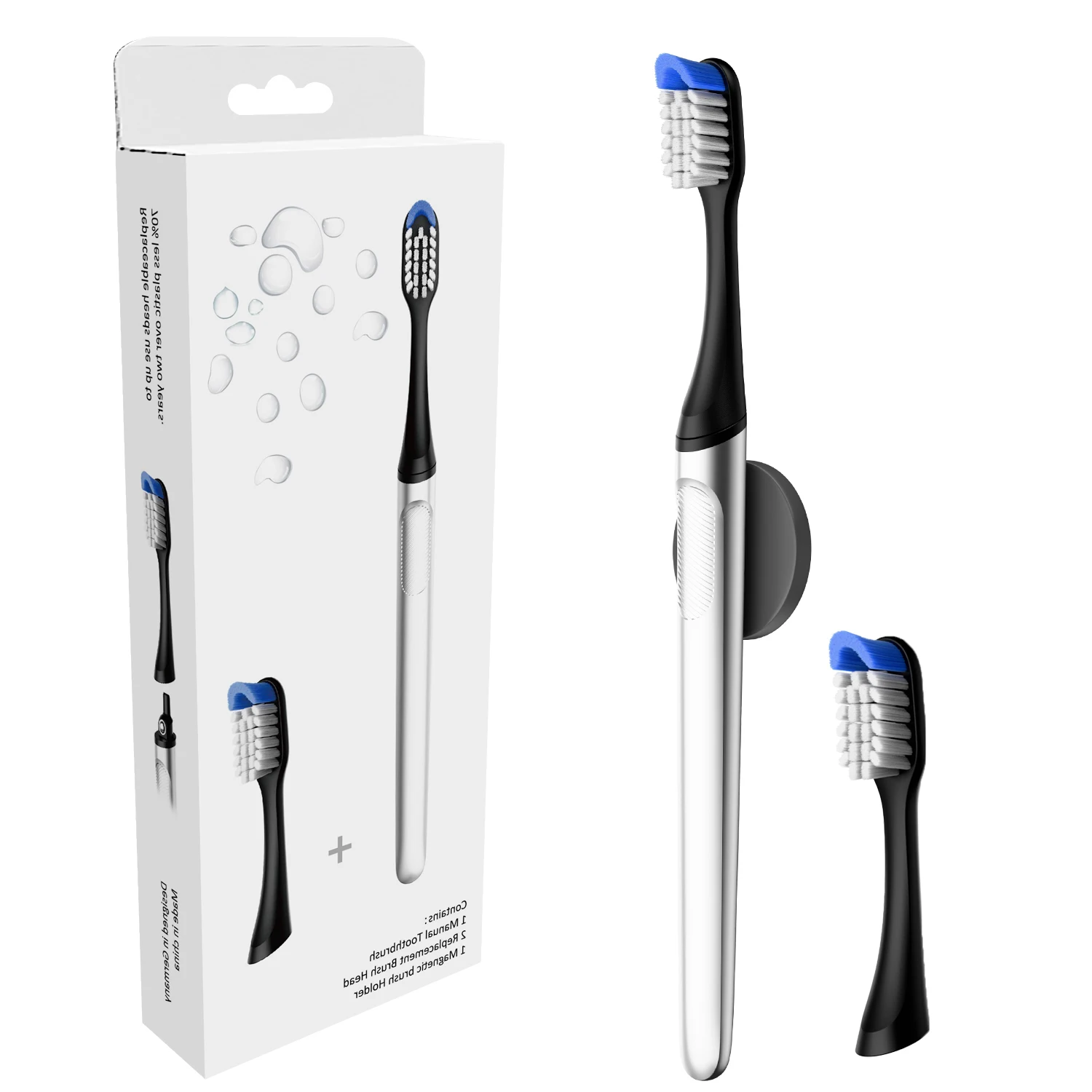 

Ручная зубная щетка, хром-белая, с двумя сменными насадками и 1 магнитным держателем зубной щетки